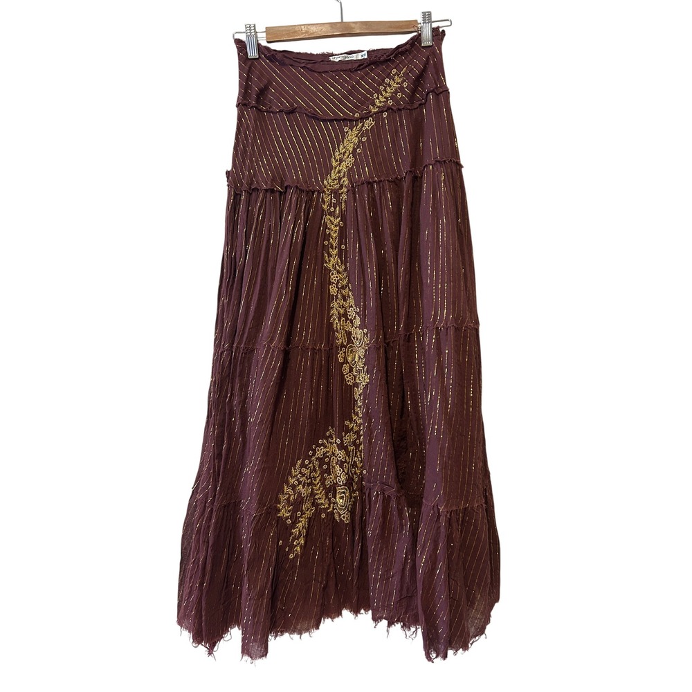 VTG Sharagano Maxi Skirt Sz XS Brown Gold Metallic Embroidery Beaded Boho Tiered